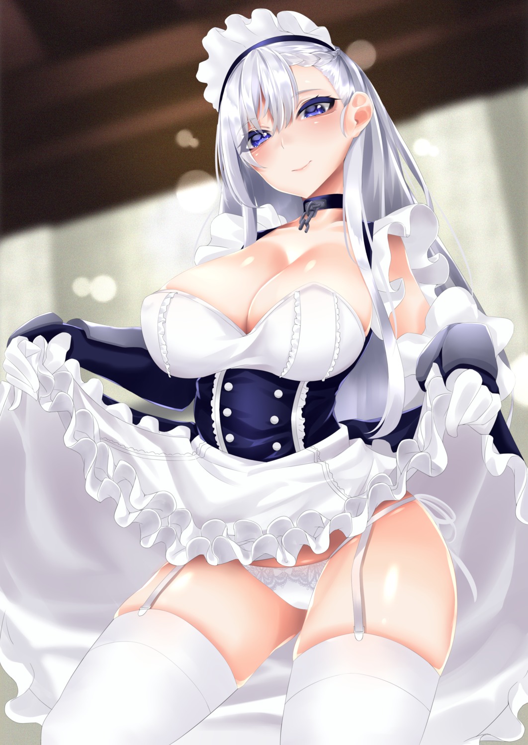 azur_lane belfast_(azur_lane) maid pantsu skirt_lift stockings string_panties thighhighs