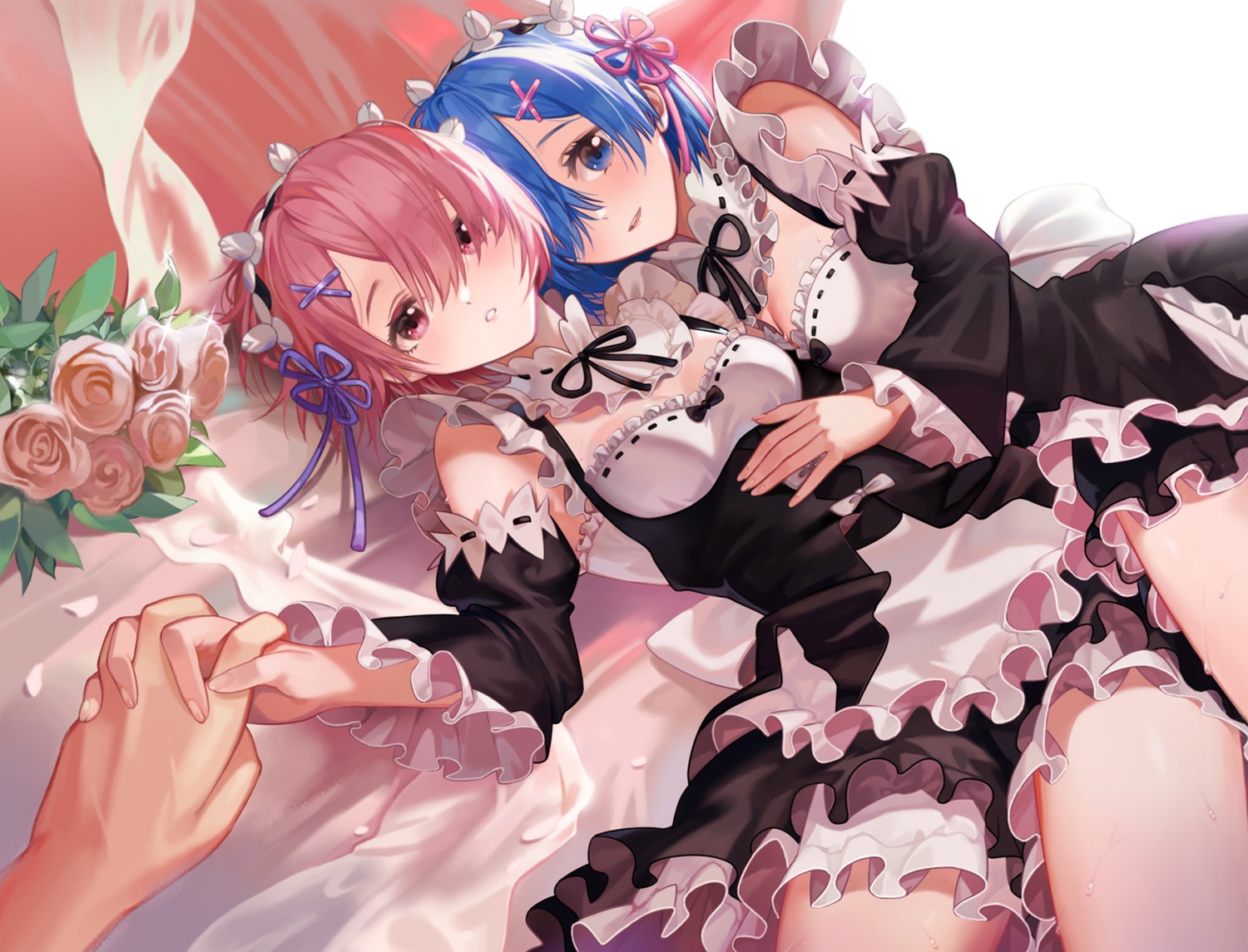 cleavage maid peach_luo ram_(re_zero) re_zero_kara_hajimeru_isekai_seikatsu rem_(re_zero)