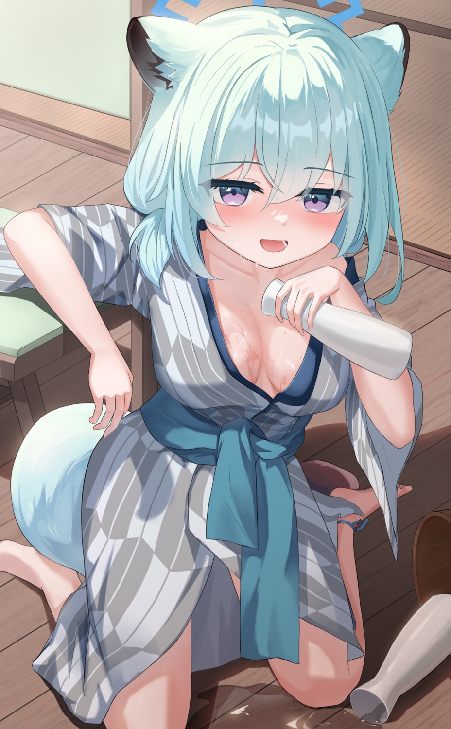 animal_ears blue_archive halo mayoi_shigure namoho82 no_bra sake tail wet yukata