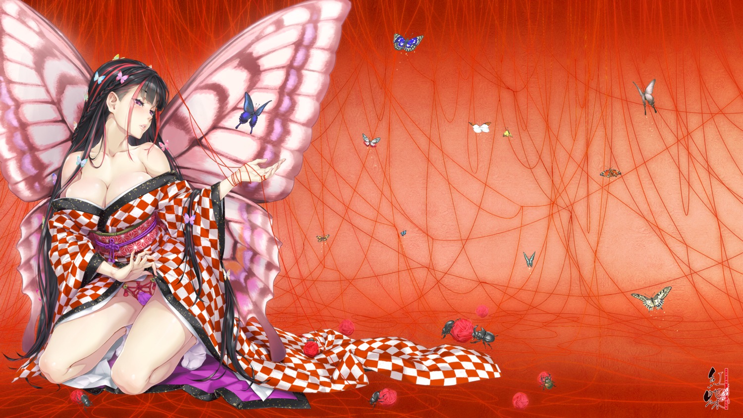 happoubi_jin kimono no_bra open_shirt pantsu skirt_lift wallpaper wings