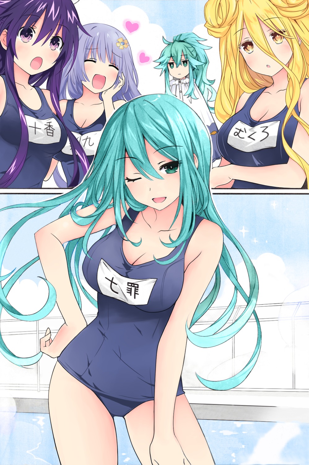 cleavage date_a_live hoshimiya_mukuro izayoi_miku kyouno_natsumi school_swimsuit swimsuits tsunako yatogami_tooka