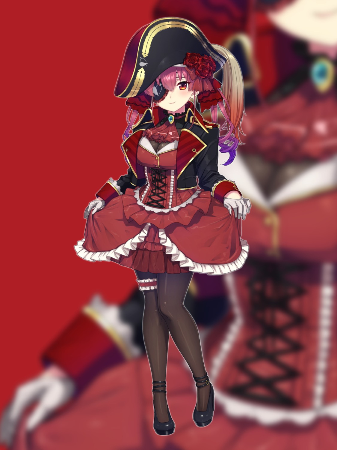 eyepatch garter heels hololive houshou_marine oshiruko_(oshiruco_212048) pantyhose pirate see_through skirt_lift