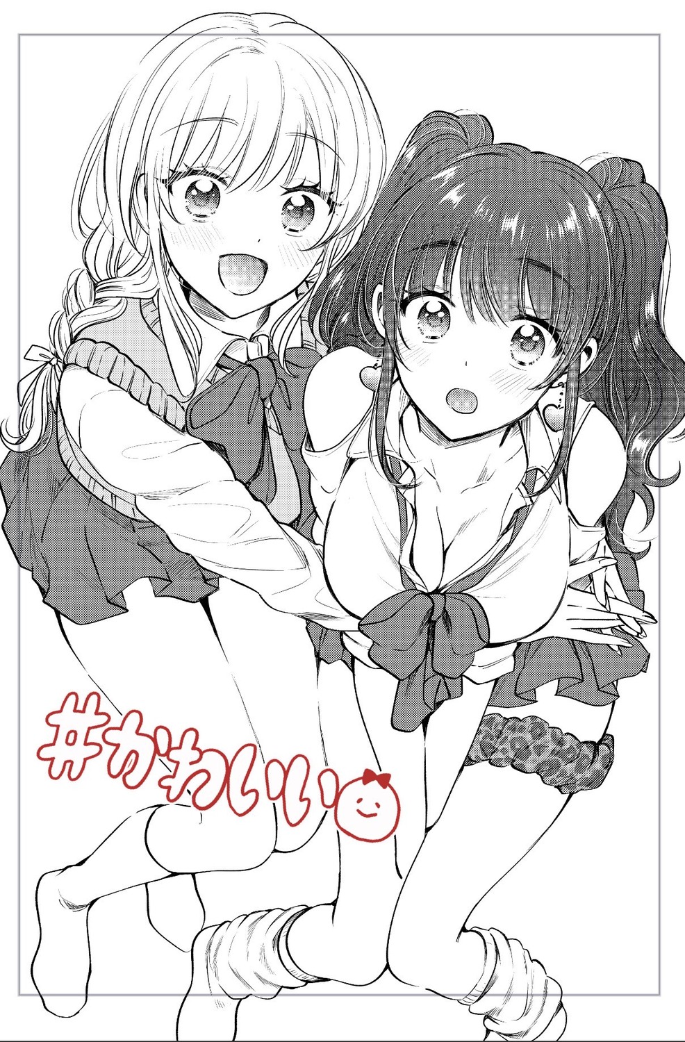 cleavage fuufu_ijou_koibito_miman garter kanamaru_yuki monochrome open_shirt sakurazaka_shiori seifuku sweater watanabe_akari