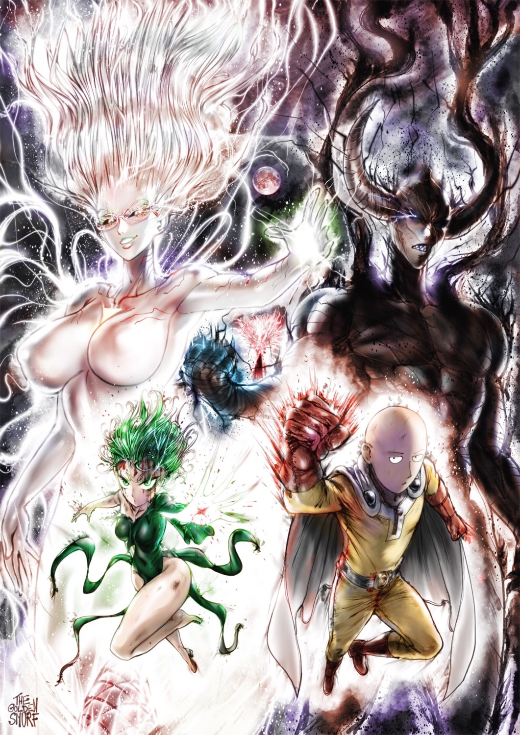 bodysuit dress erect_nipples garou_(one_punch_man) horns megane one_punch_man psykos_(one_punch_man) saitama skirt_lift tatsumaki_(one_punch_man) thegoldensmurf