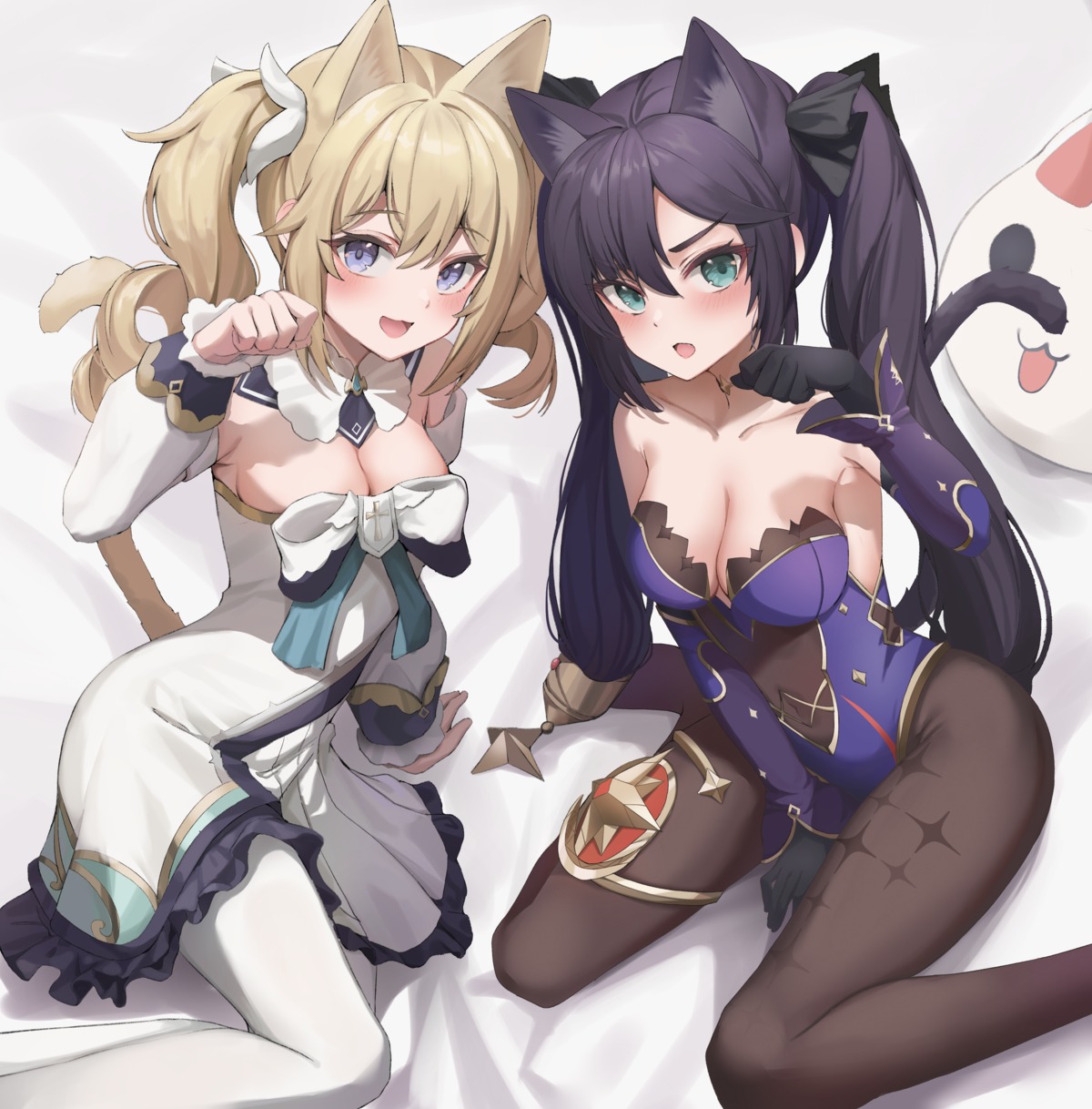 animal_ears barbara_(genshin_impact) cleavage dress garter genshin_impact leotard mona_megistus nekomimi no_bra pantyhose pharamacom skirt_lift tail