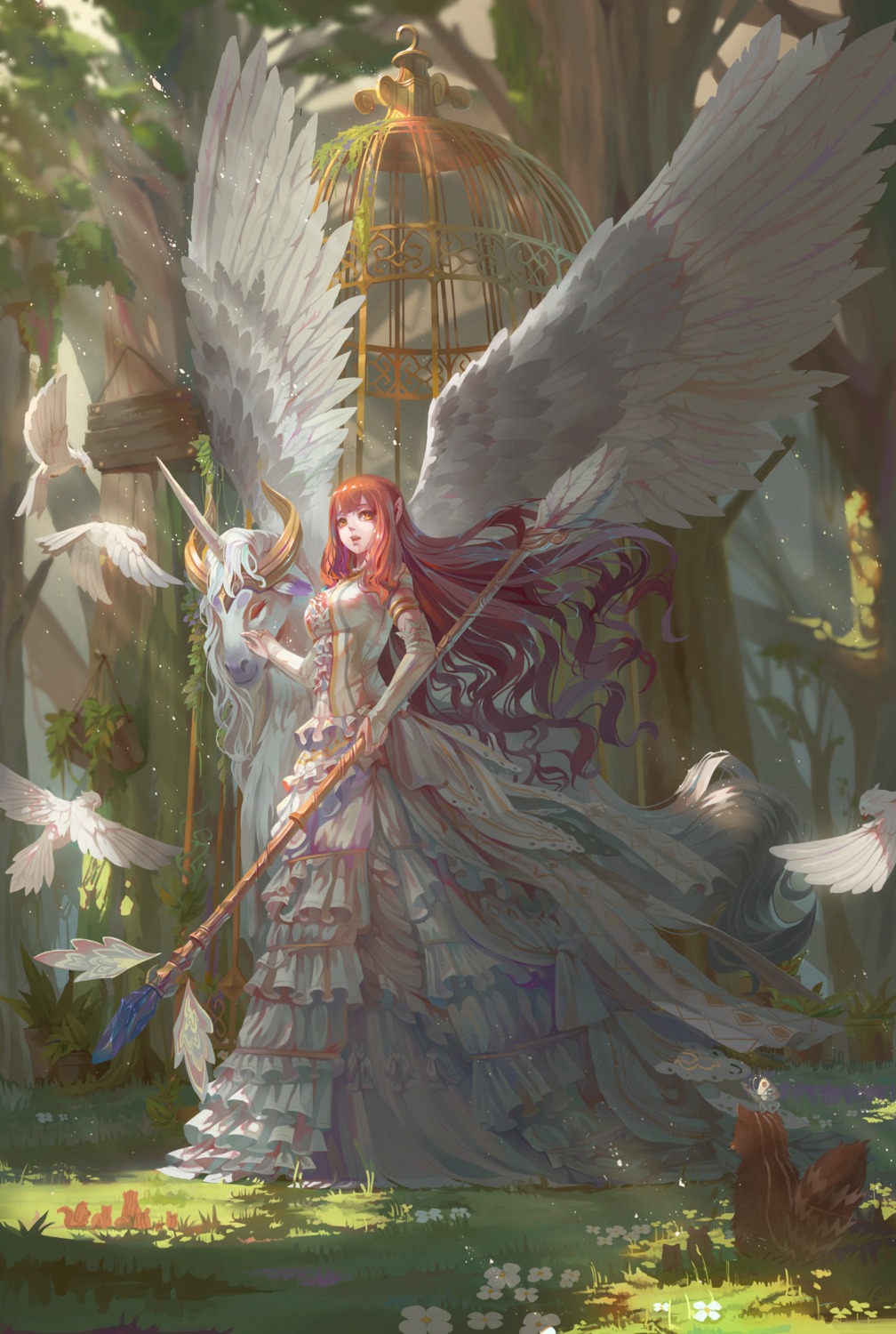 dress miaoshang_sanxiao pointy_ears weapon wings