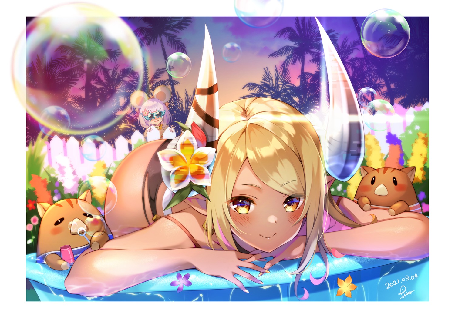 animal_ears bikini granblue_fantasy horns kuvira_(granblue_fantasy) megane pilokey swimsuits vikala_(granblue_fantasy) wet