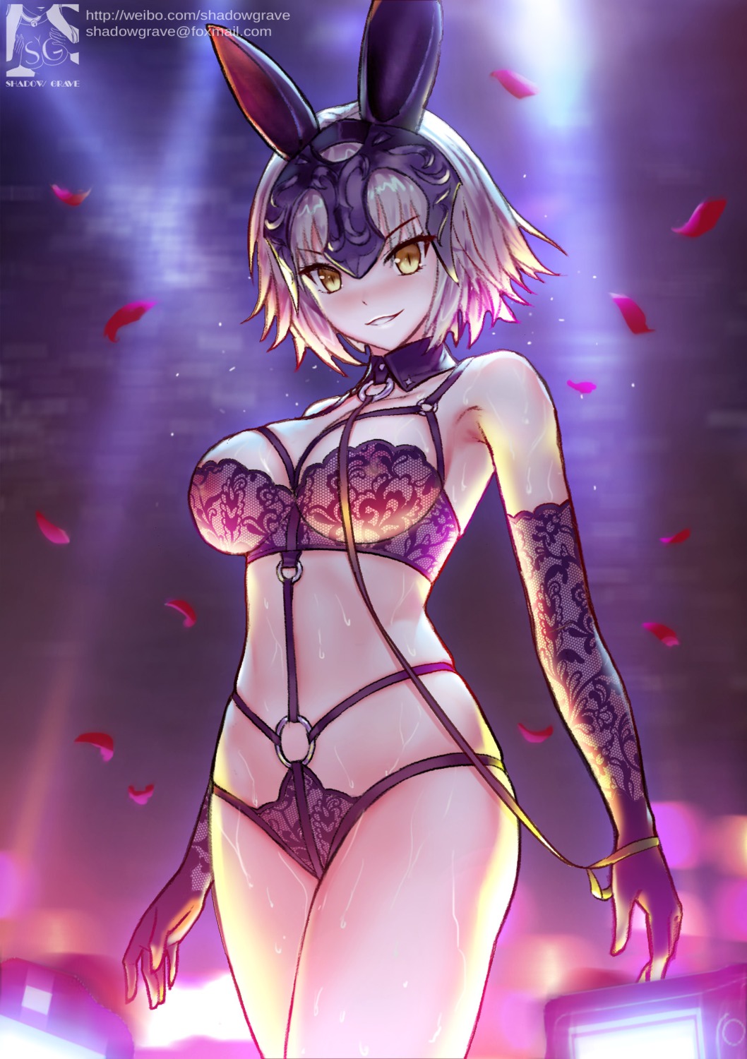 animal_ears bra bunny_ears cleavage fate/grand_order fishnets jeanne_d'arc jeanne_d'arc_(alter)_(fate) nipples pantsu see_through wet