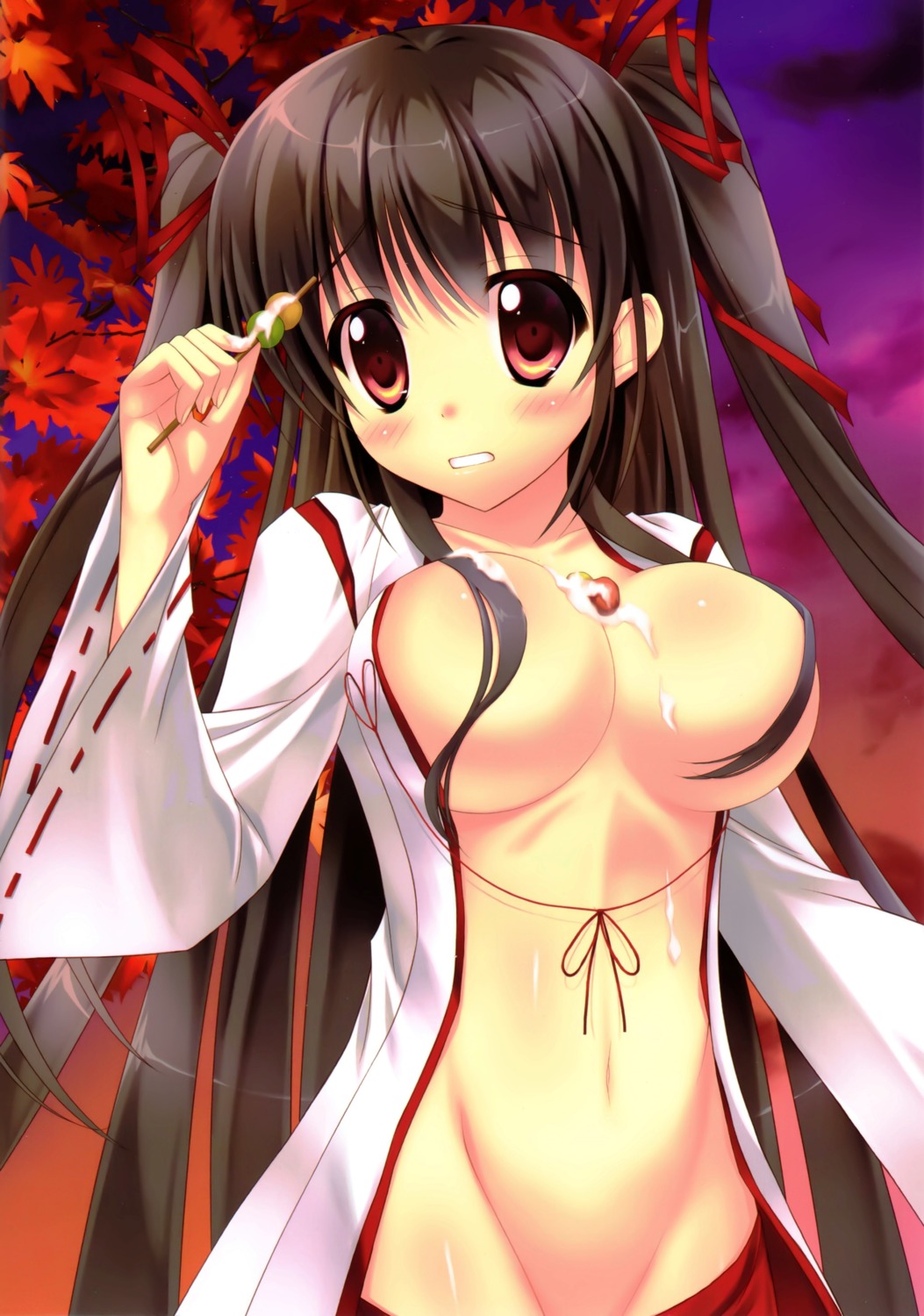 breasts cream kouzuki_hajime miko no_bra nopan open_shirt