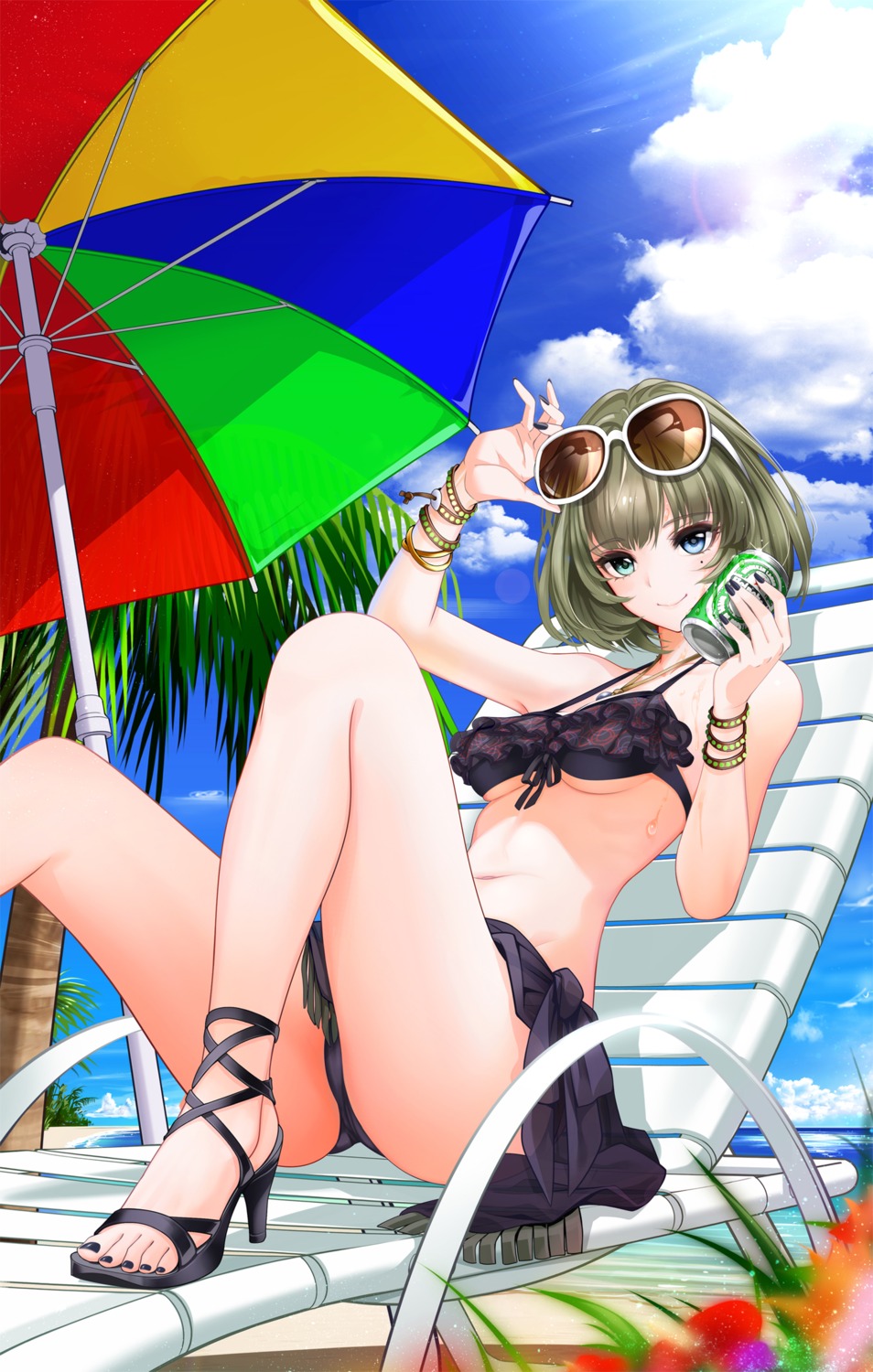 bikini feet giba_(out-low) heels heterochromia megane swimsuits takagaki_kaede the_idolm@ster the_idolm@ster_cinderella_girls underboob wet