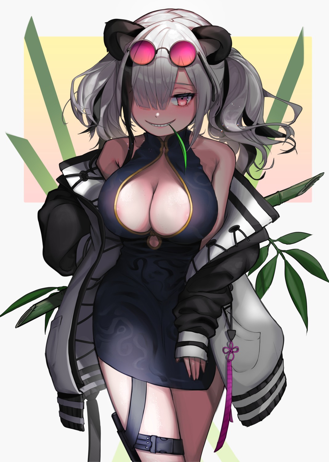 animal_ears arknights chinadress cleavage feater_(arknights) garter guunhanchi megane no_bra