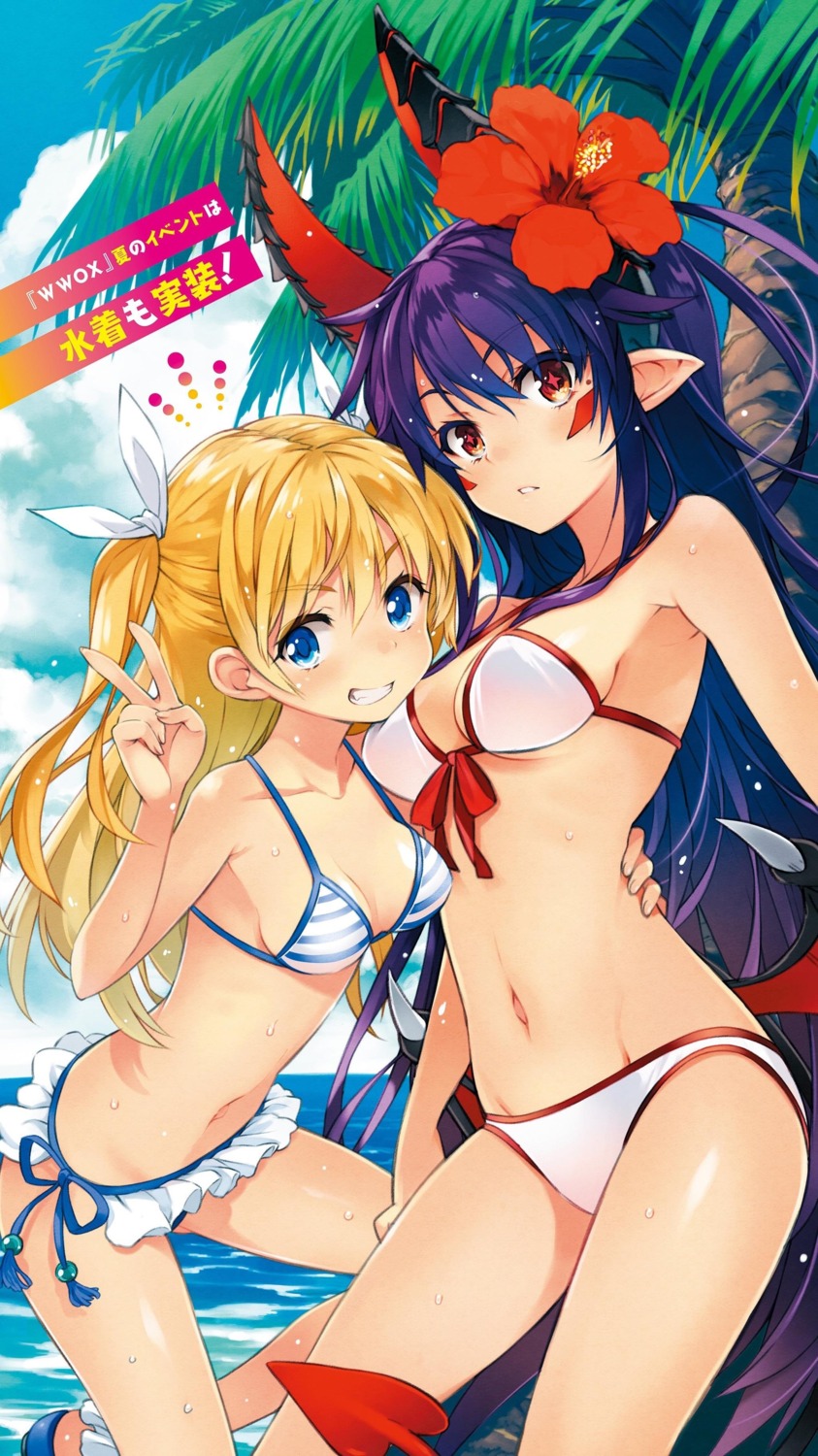 bikini cleavage demonlord_newbie_vrmmo_sekai_no_seisanshoku_maou devil horns itou_souichi pointy_ears swimsuits tail wings