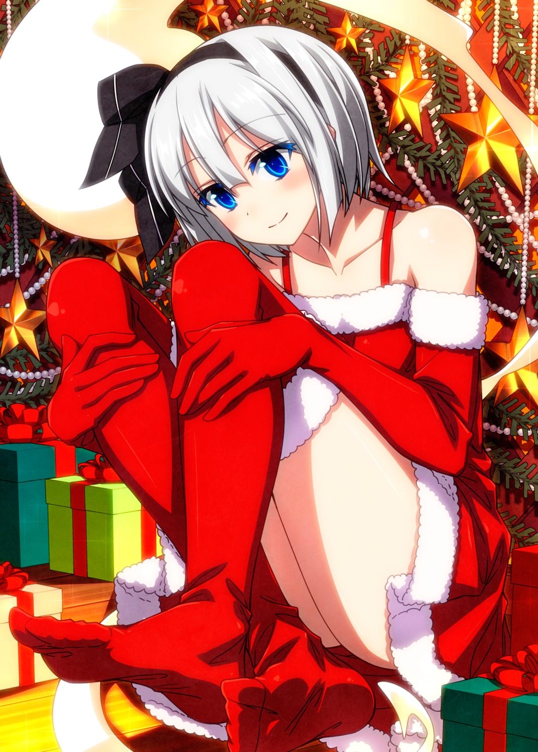 christmas dress feet konpaku_youmu myon sazanami_mio skirt_lift thighhighs touhou