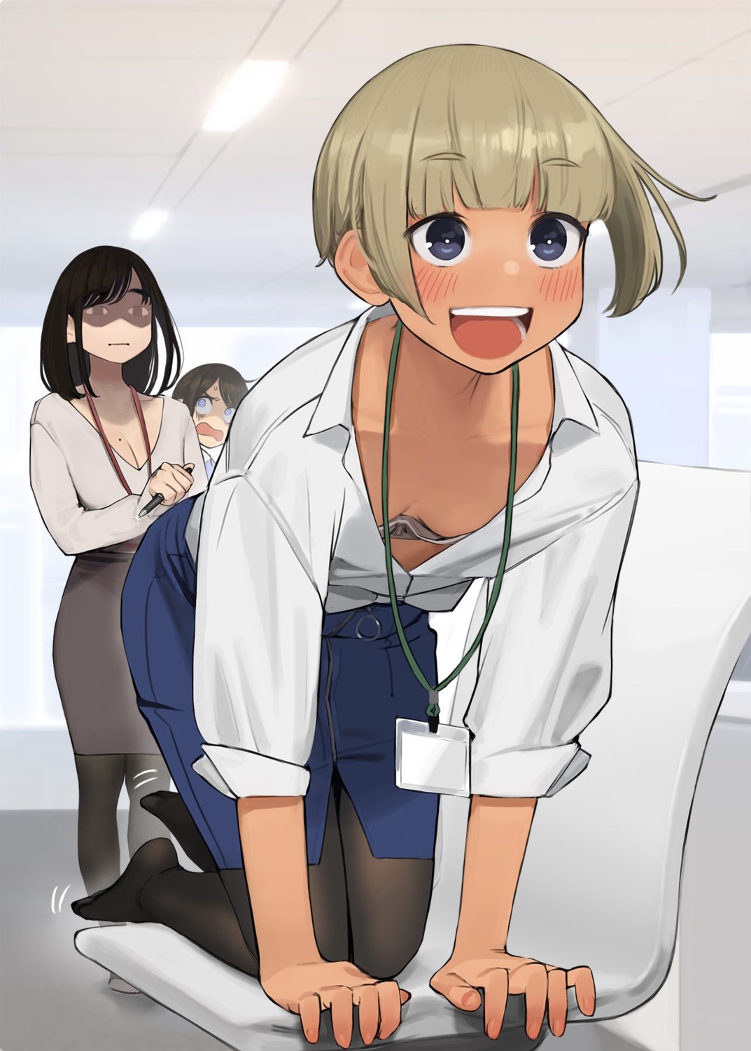 bra dress_shirt ganbare_douki-chan open_shirt pantyhose wardrobe_malfunction yom