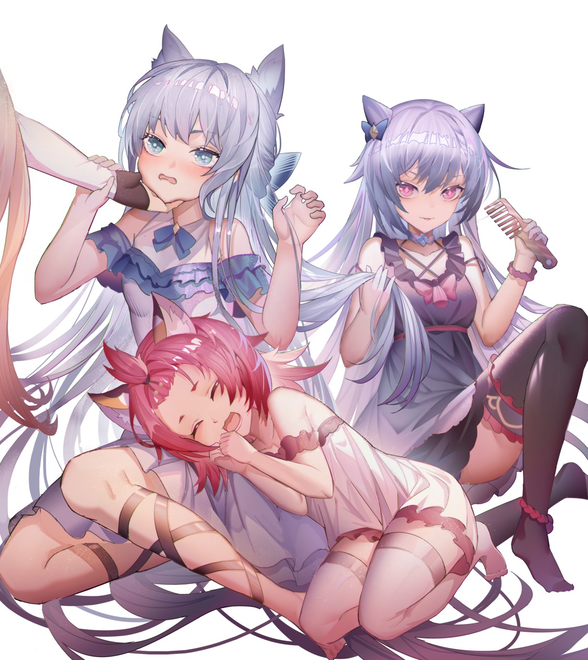 animal_ears arknights crossover diona dress genshin_impact jinjide_shaonian keqing nekomimi rosmontis_(arknights) skirt_lift thighhighs