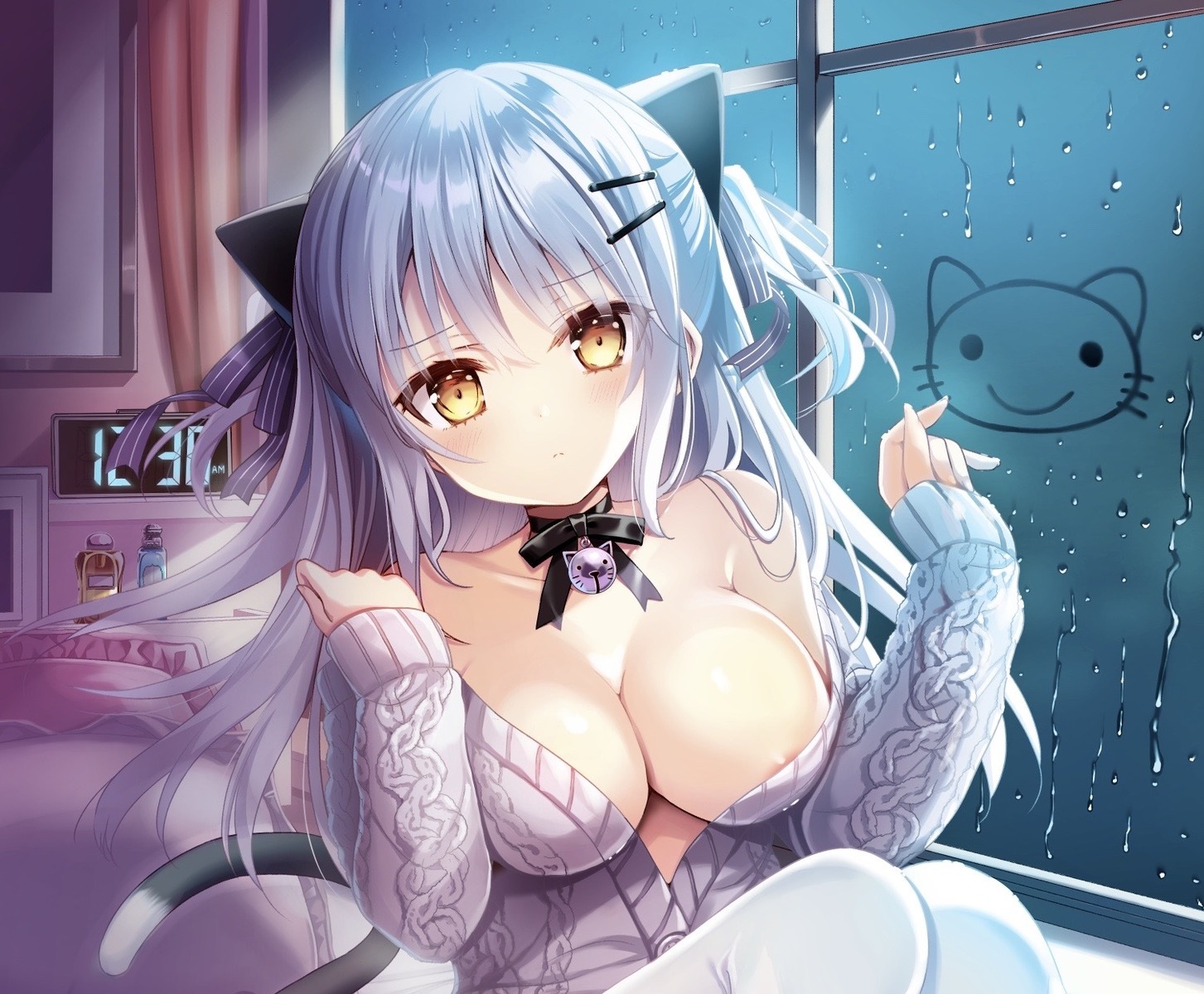 animal_ears areola nekomimi no_bra open_shirt pantyhose shiwasu_horio sweater tail