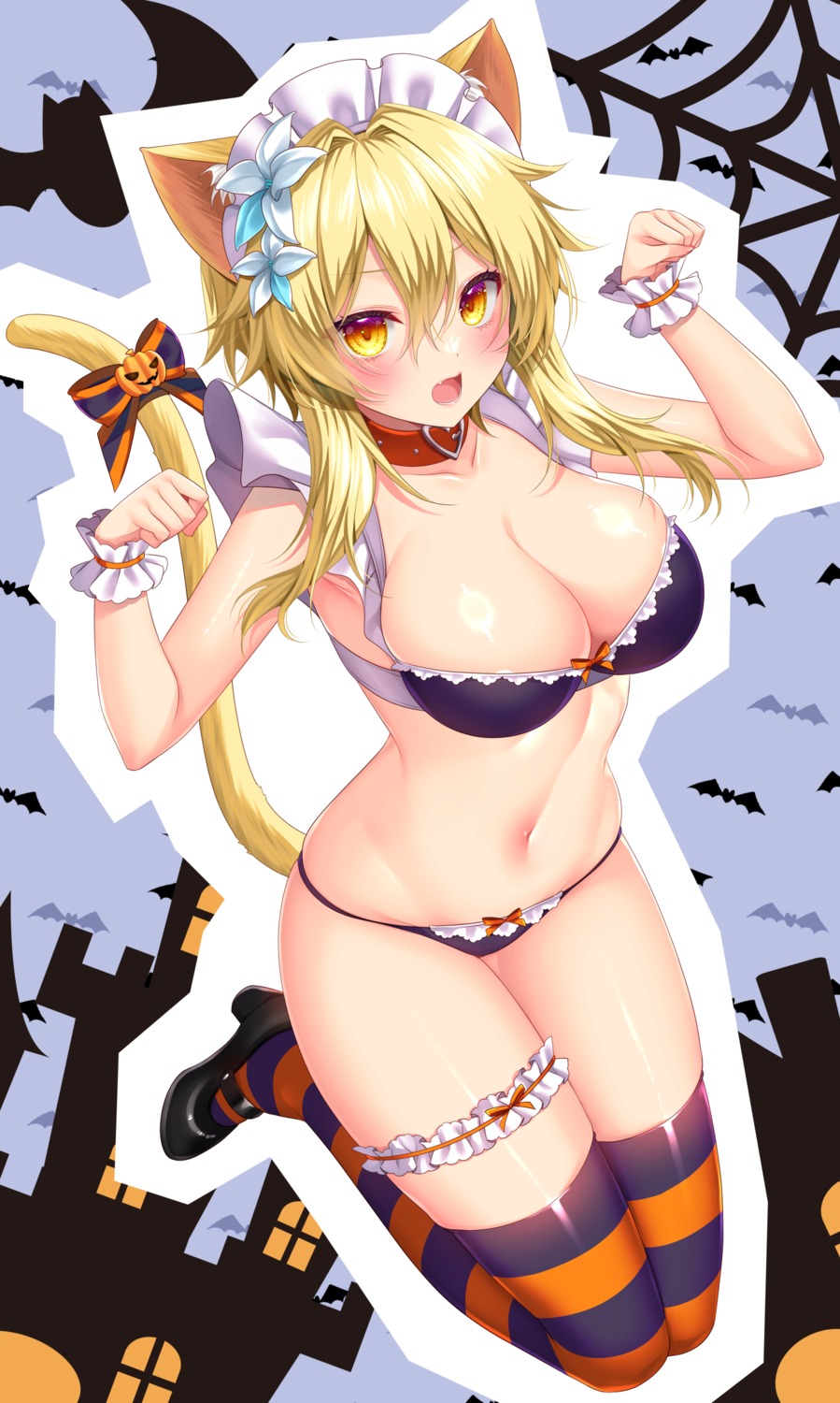 animal_ears bra garter genshin_impact halloween heels lumine maid minatsuki_alumi nekomimi pantsu tail thighhighs