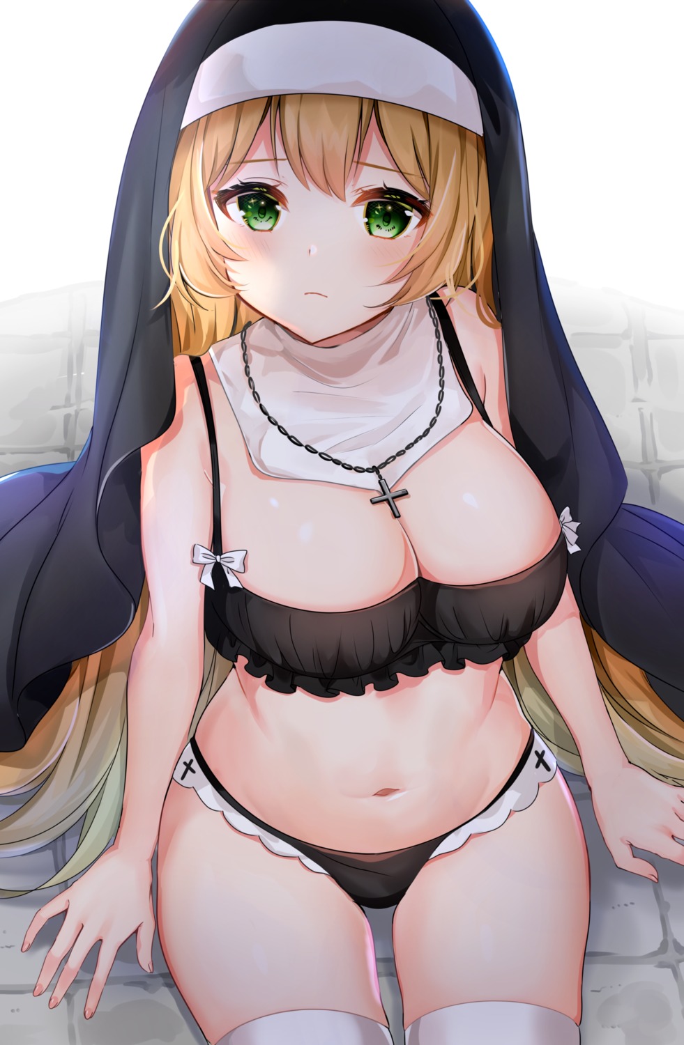 bra cleavage katsushika_pachi nun pantsu thighhighs