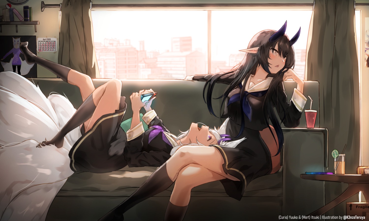 animal_ears horns k3nzoteruya kitsune pointy_ears seifuku skirt_lift tail yuri