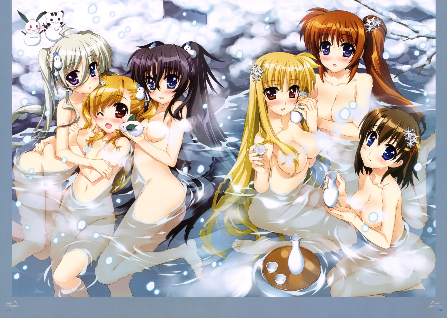 ass breast_hold censored einhart_stratos fate_testarossa feet fujima_takuya heterochromia loli mahou_shoujo_lyrical_nanoha mahou_shoujo_lyrical_nanoha_vivid naked onsen sake sieglinde_jeremiah takamachi_nanoha towel vivio yagami_hayate