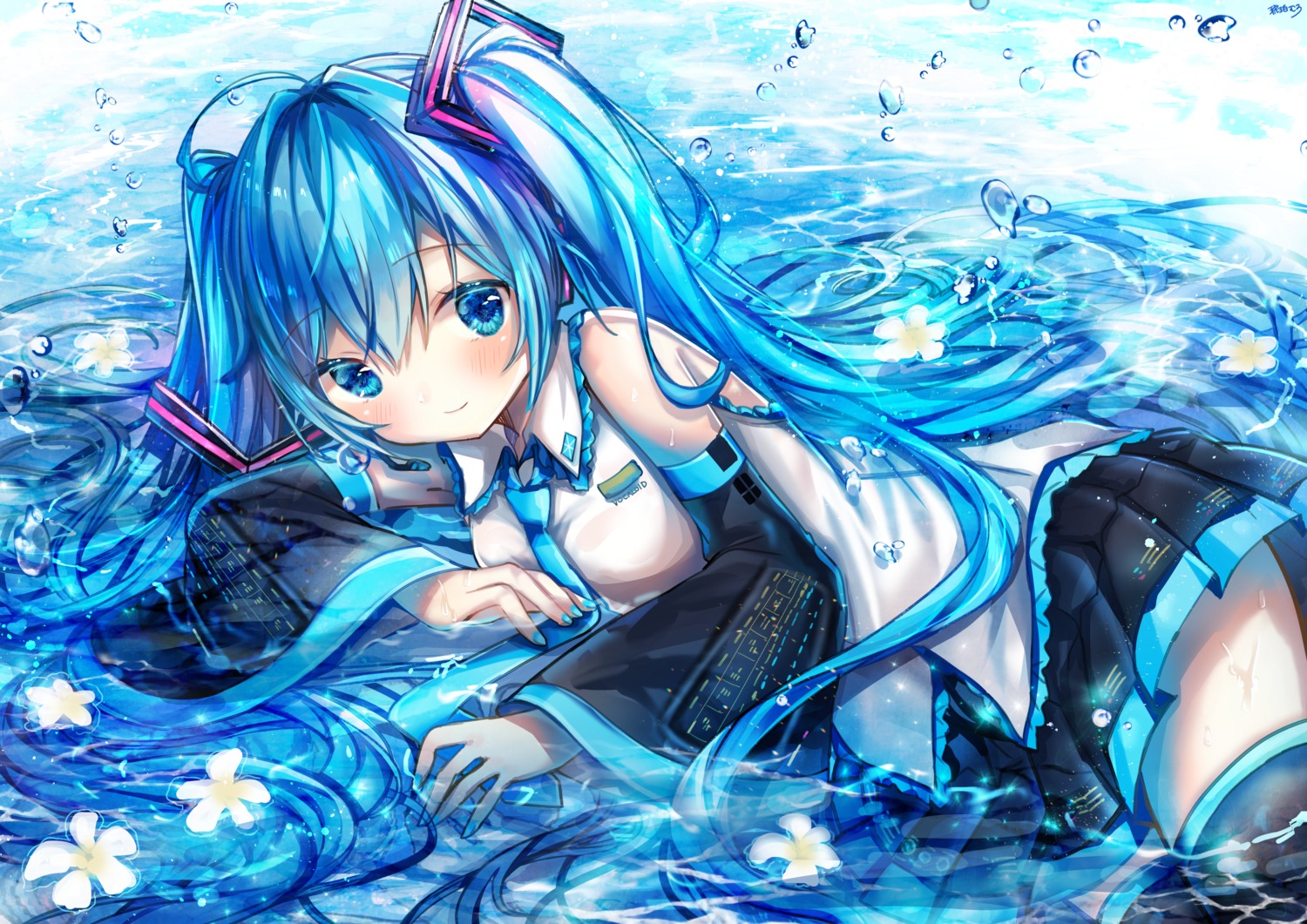 hatsune_miku headphones kohaku_muro see_through thighhighs vocaloid wet wet_clothes