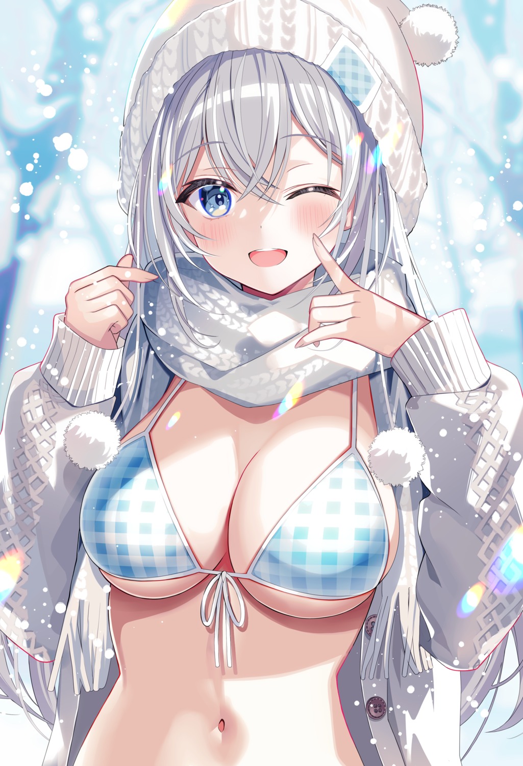 bikini_top motsunuki open_shirt sweater swimsuits