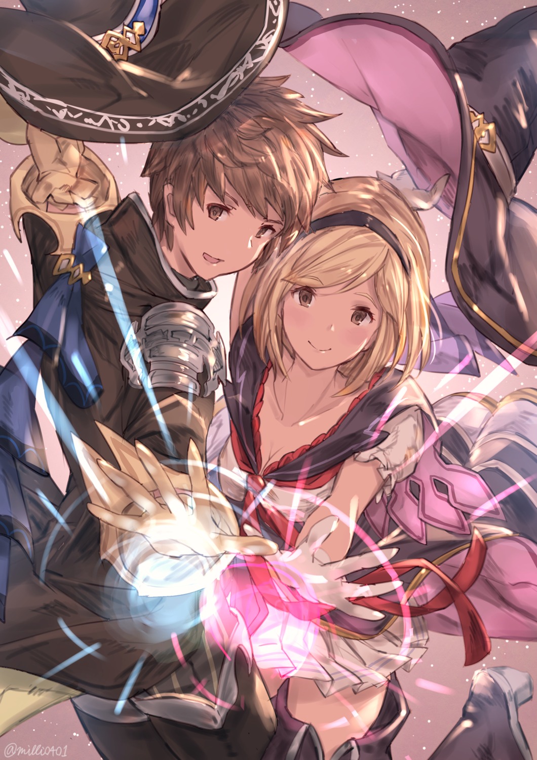 armor cleavage djeeta_(granblue_fantasy) gran_(granblue_fantasy) granblue_fantasy milli_little thighhighs