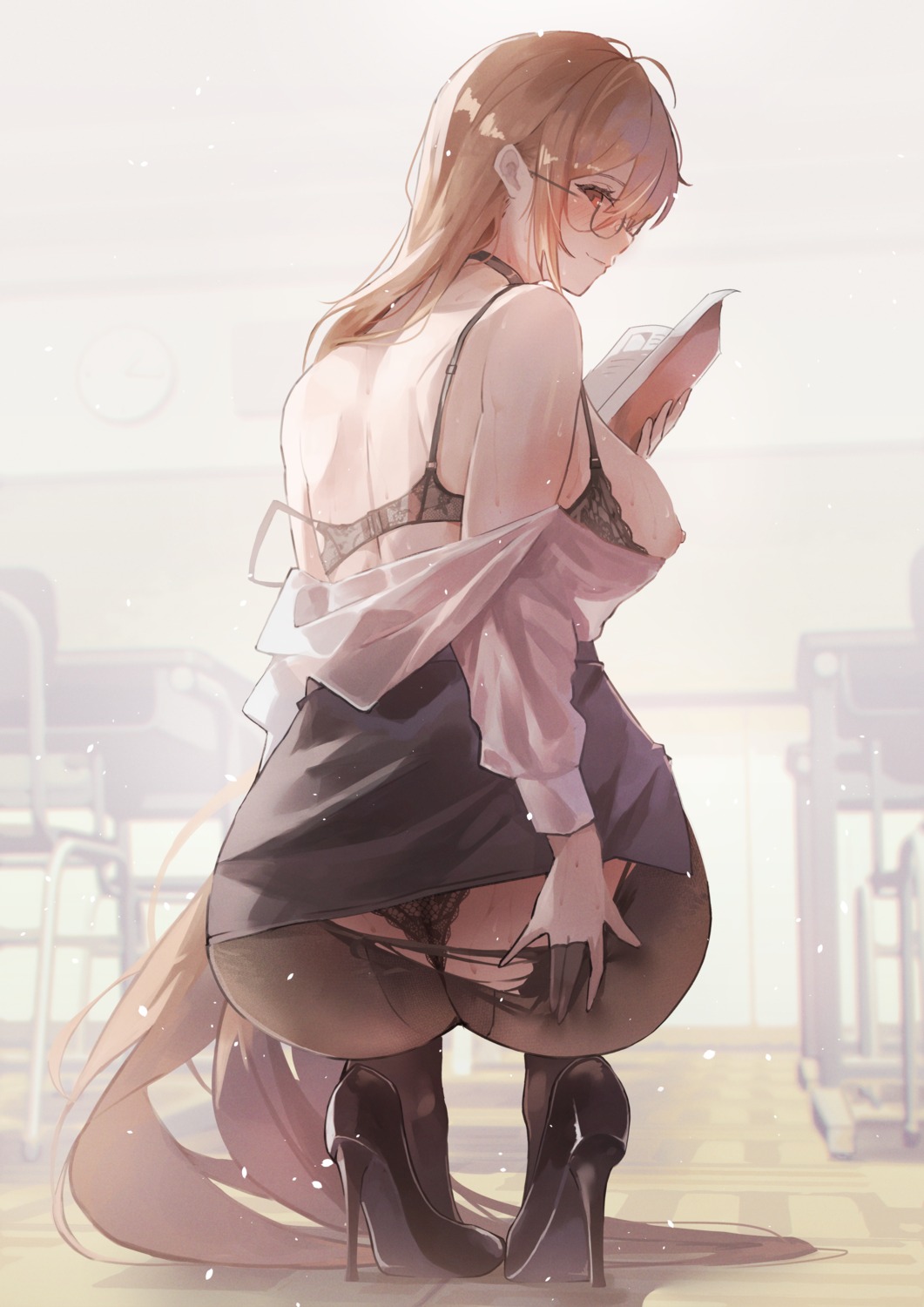 ass azur_lane bra heels implacable_(azur_lane) megane nipples no_bra open_shirt pantsu pantyhose sea_nami see_through skirt_lift thong torn_clothes