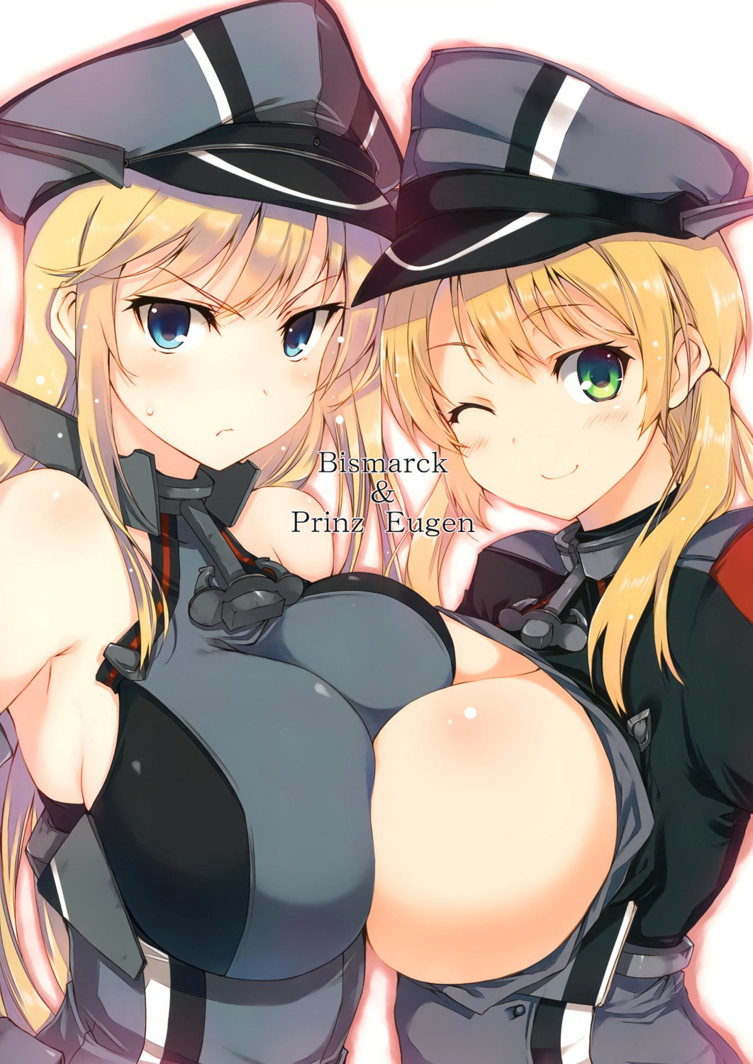 bismarck_(kancolle) breasts kantai_collection no_bra open_shirt prinz_eugen_(kancolle) roga symmetrical_docking uniform