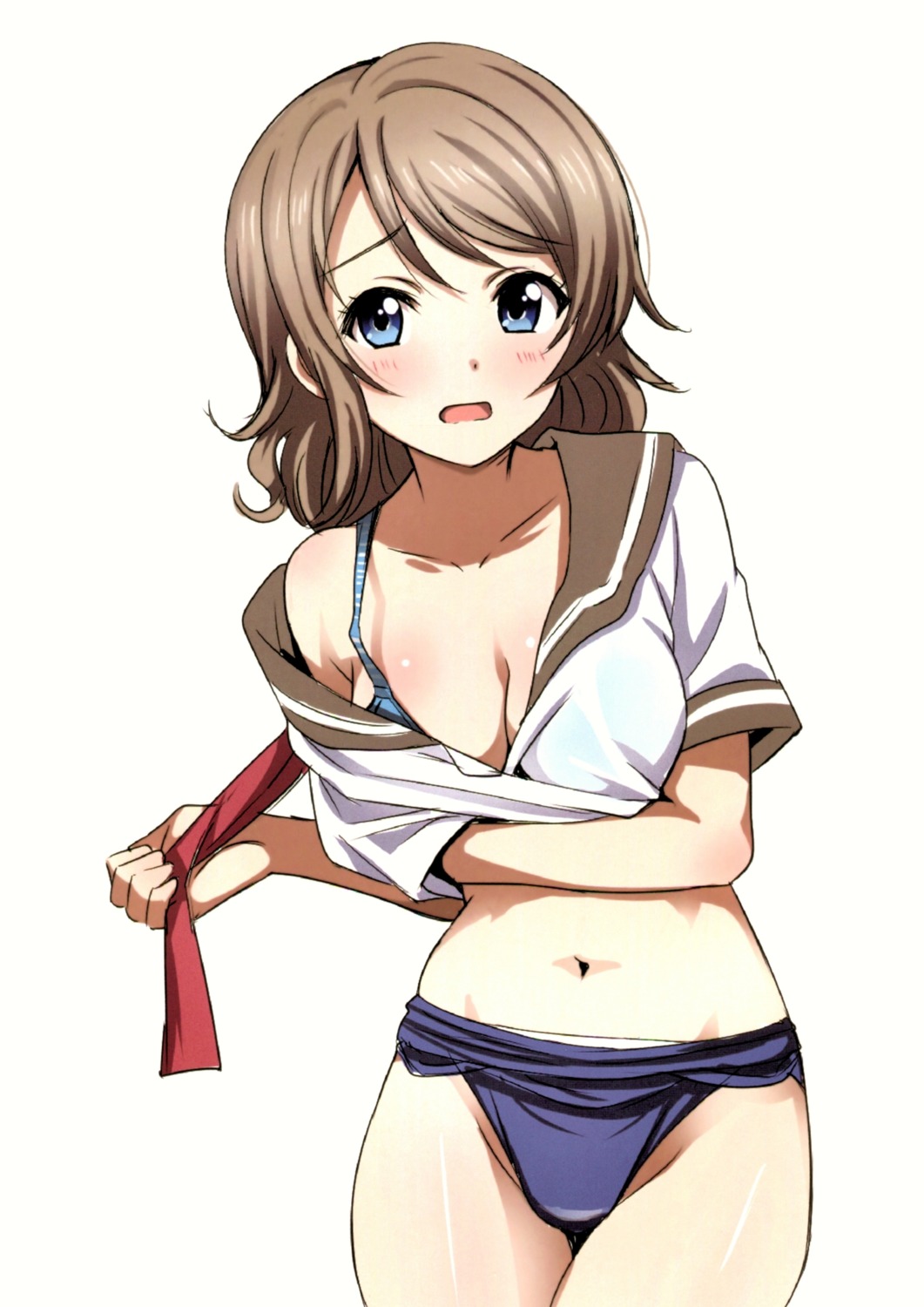 bra breast_hold cleavage love_live!_sunshine!! open_shirt sankuro school_swimsuit see_through seifuku shirt_lift swimsuits undressing watanabe_you