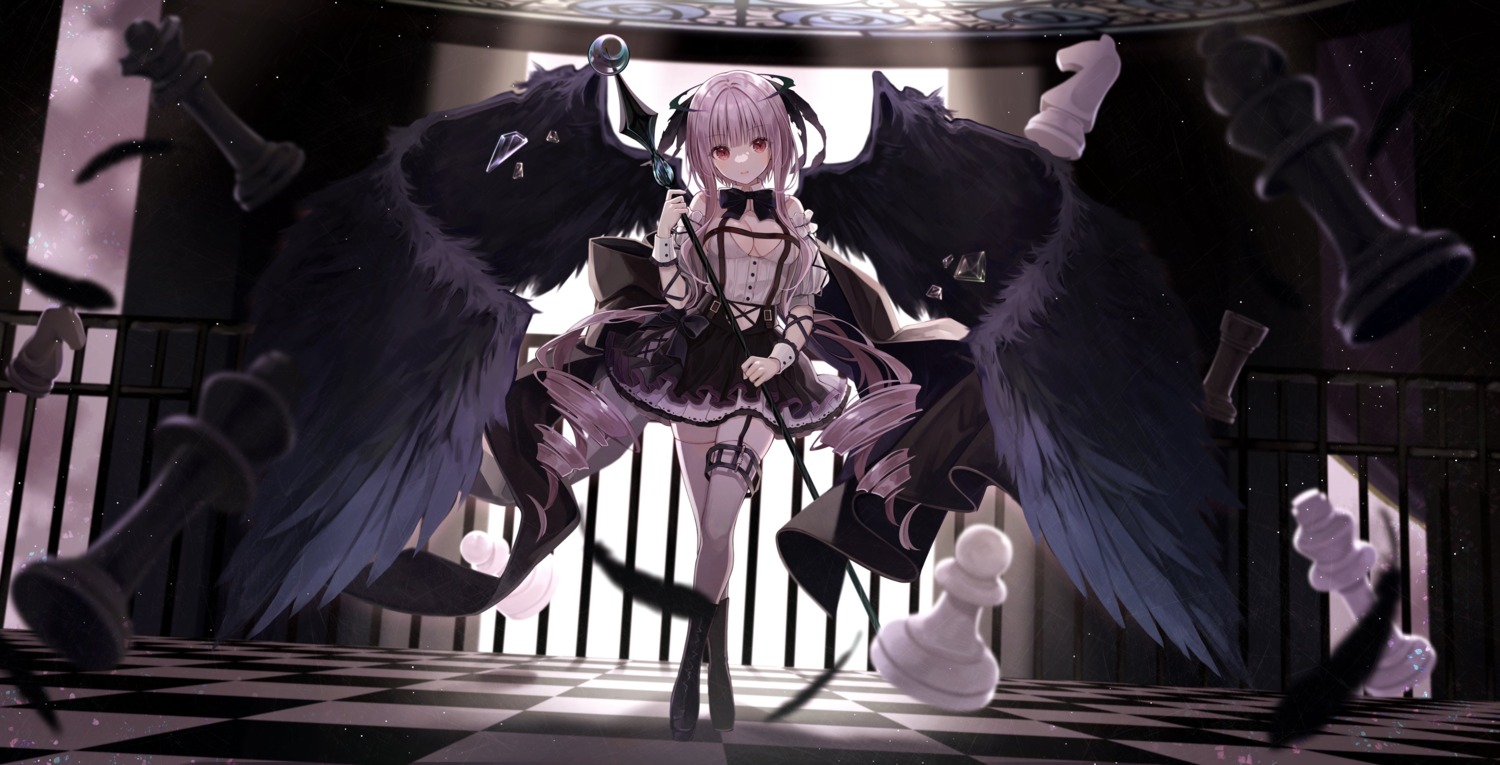 garter halo lolita_fashion no_bra samayoi thighhighs weapon wings