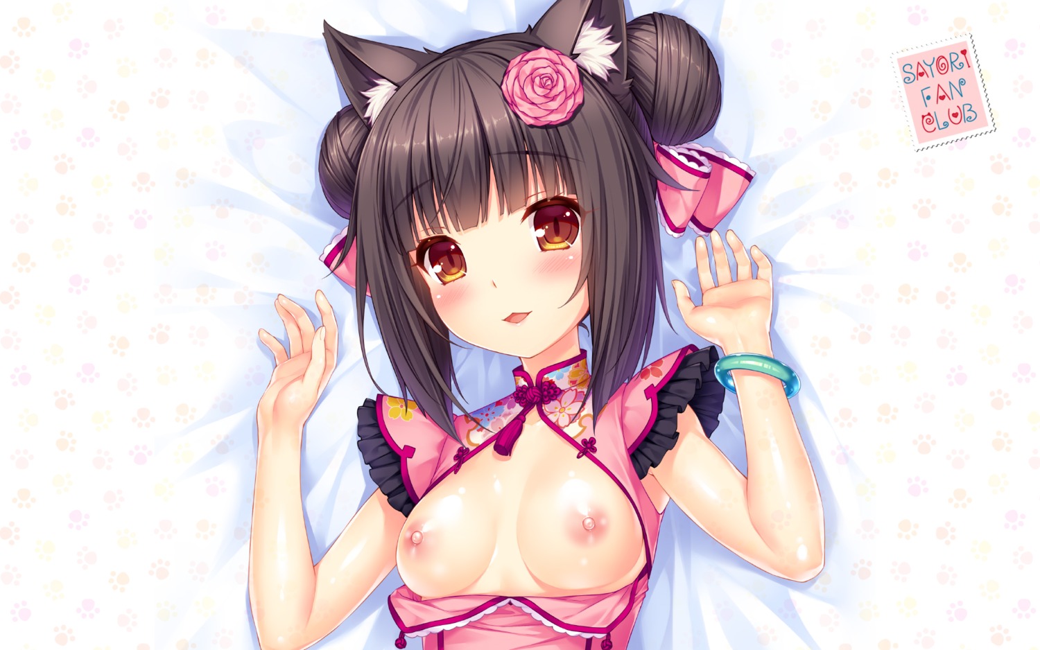 animal_ears breasts chocola nekomimi nekopara nipples no_bra open_shirt sayori wallpaper