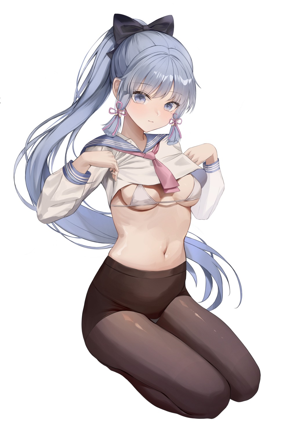 bra genshin_impact hamong kamisato_ayaka pantsu pantyhose seifuku shirt_lift undressing