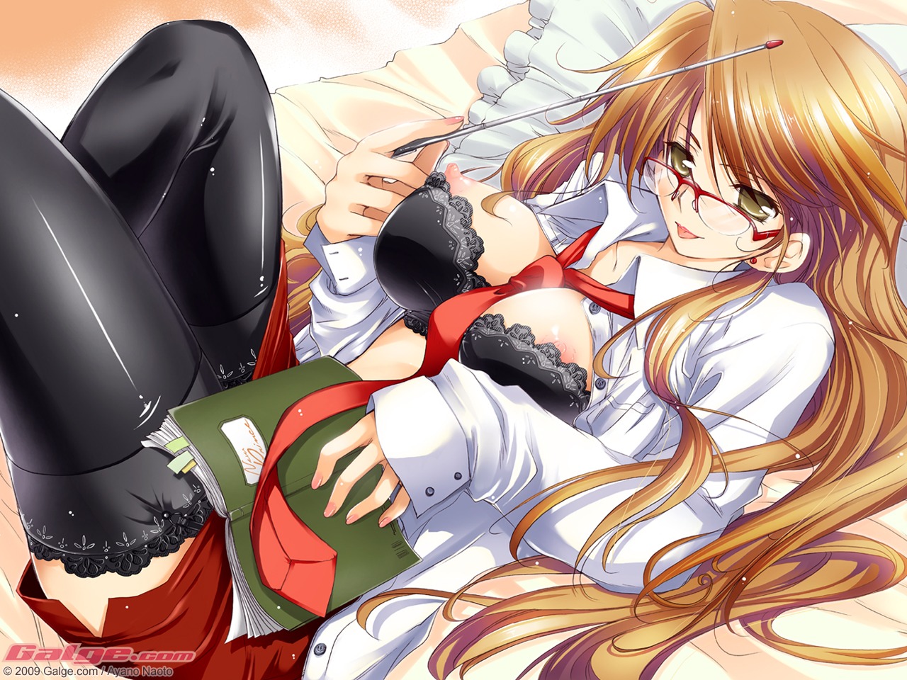 ayano_naoto bra galge.com lingerie megane nipple_slip nipples open_shirt thighhighs wallpaper