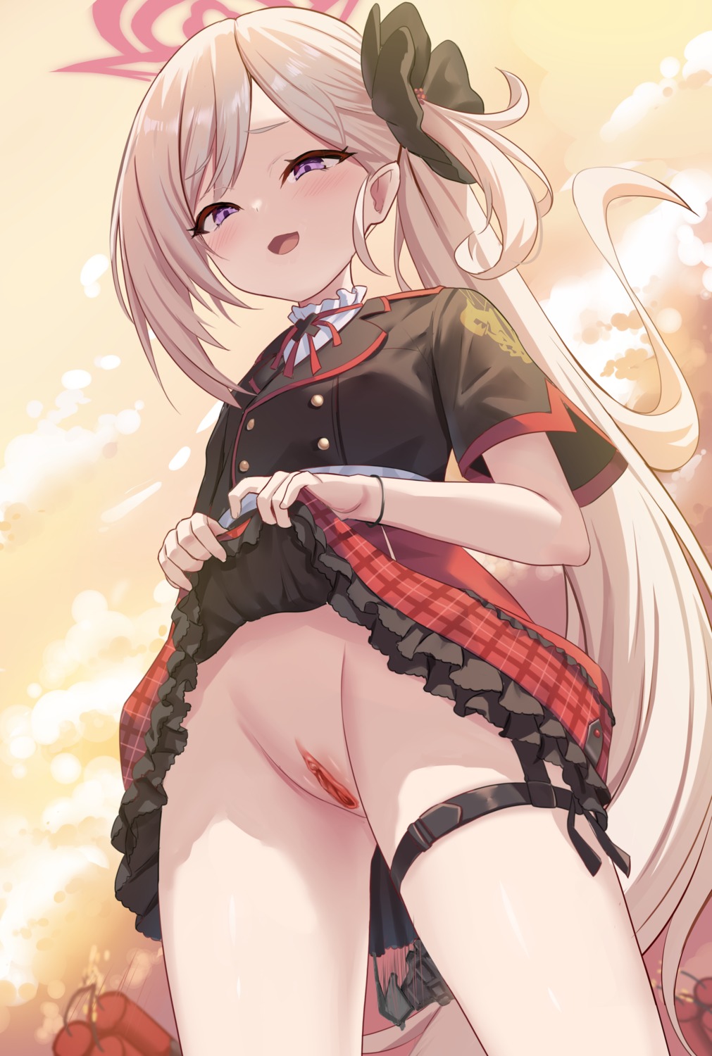 asagi_mutsuki blue_archive garter halo loli milkshake_(artist) nopan pointy_ears pussy skirt_lift uncensored uniform