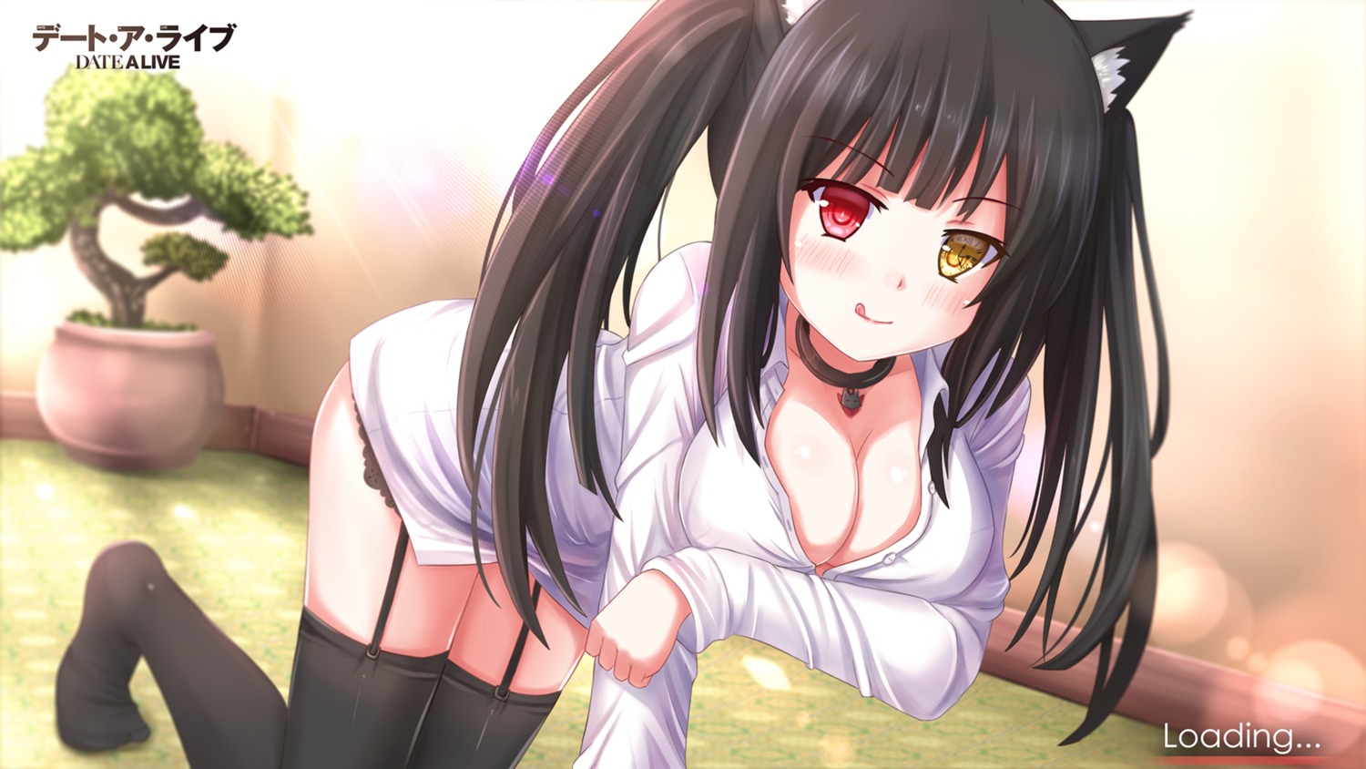 animal_ears breast_hold cleavage date_a_live dress_shirt heterochromia kazenokaze nekomimi no_bra open_shirt stockings thighhighs tokisaki_kurumi