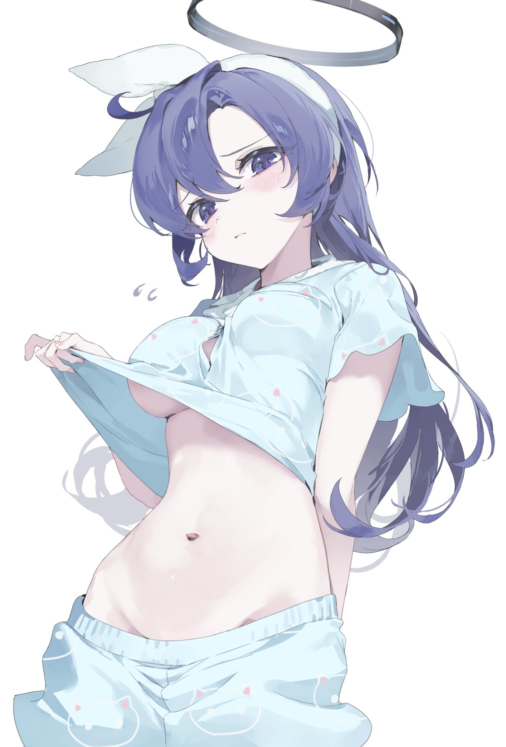 blue_archive halo hayase_yuuka meunhongcha no_bra pajama shirt_lift undressing