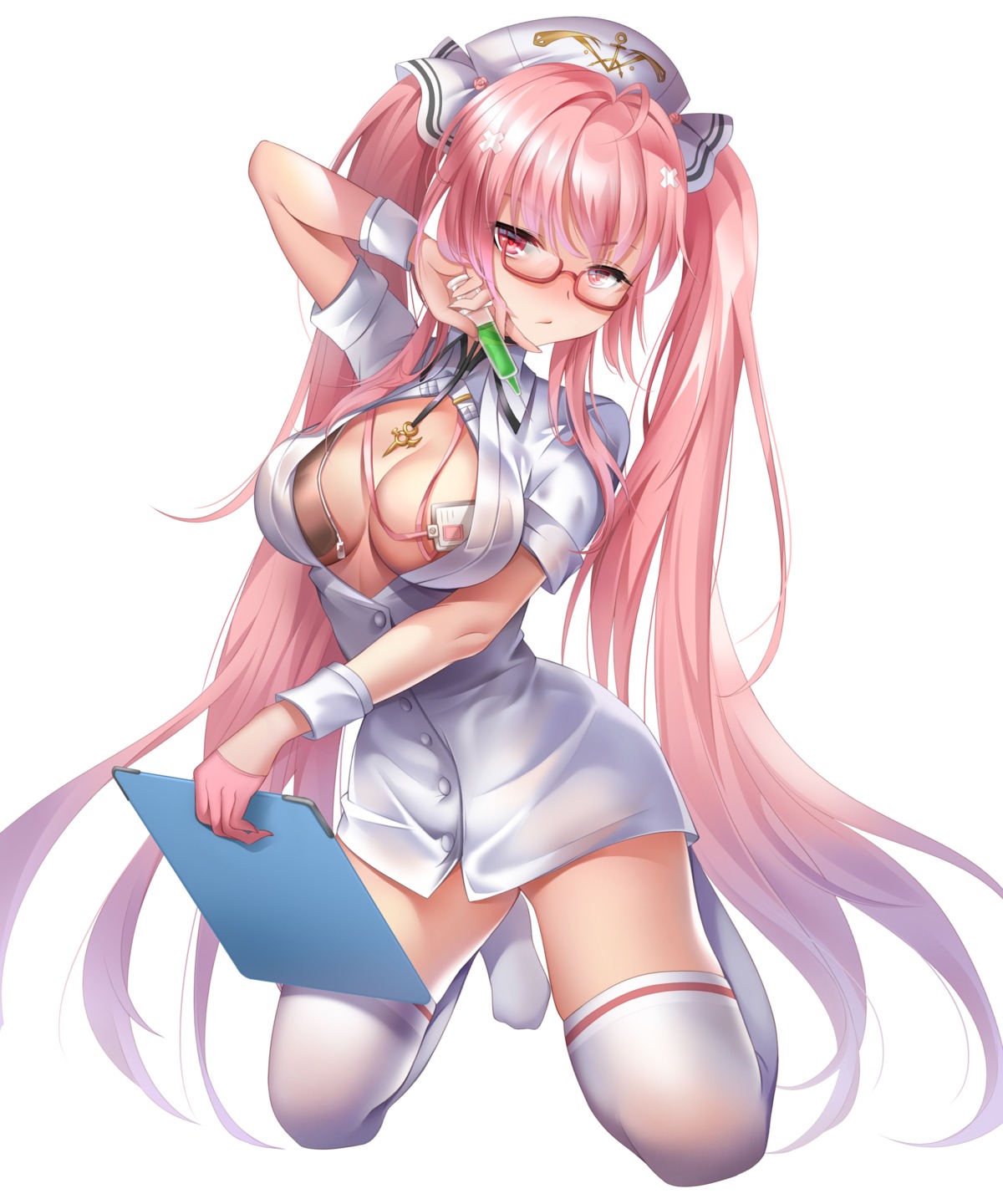 azur_lane dongcilagedaci megane no_bra nurse open_shirt perseus_(azur_lane) thighhighs