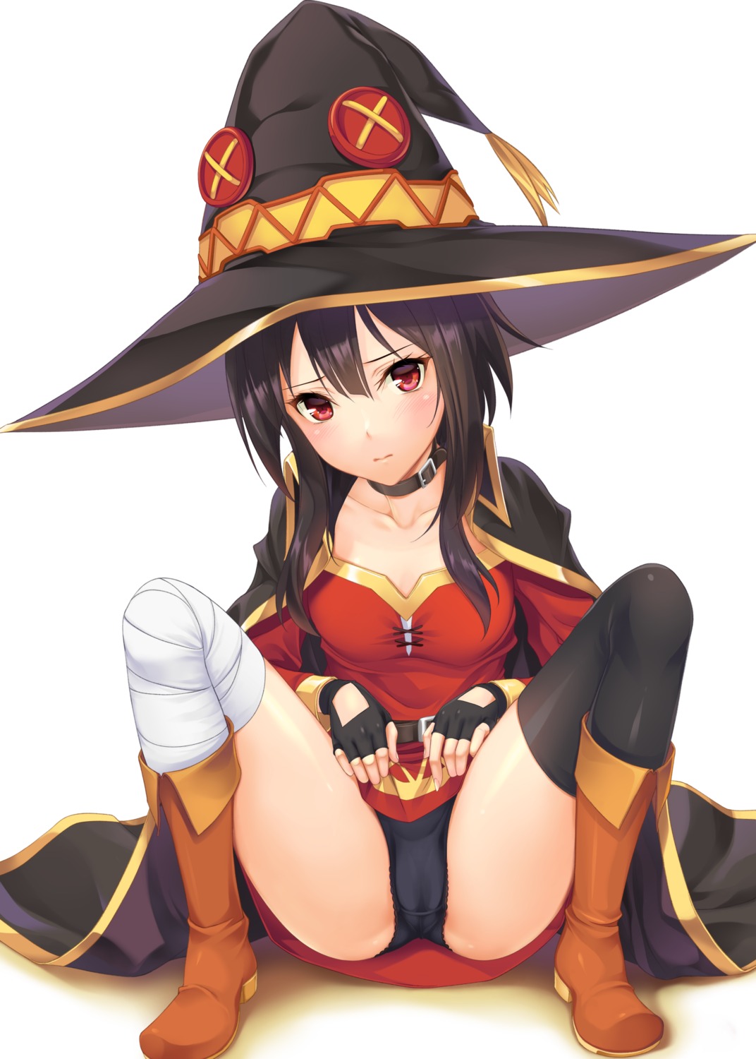 bandages cameltoe dress heels komori_kei kono_subarashii_sekai_ni_shukufuku_wo! megumin pantsu skirt_lift thighhighs witch