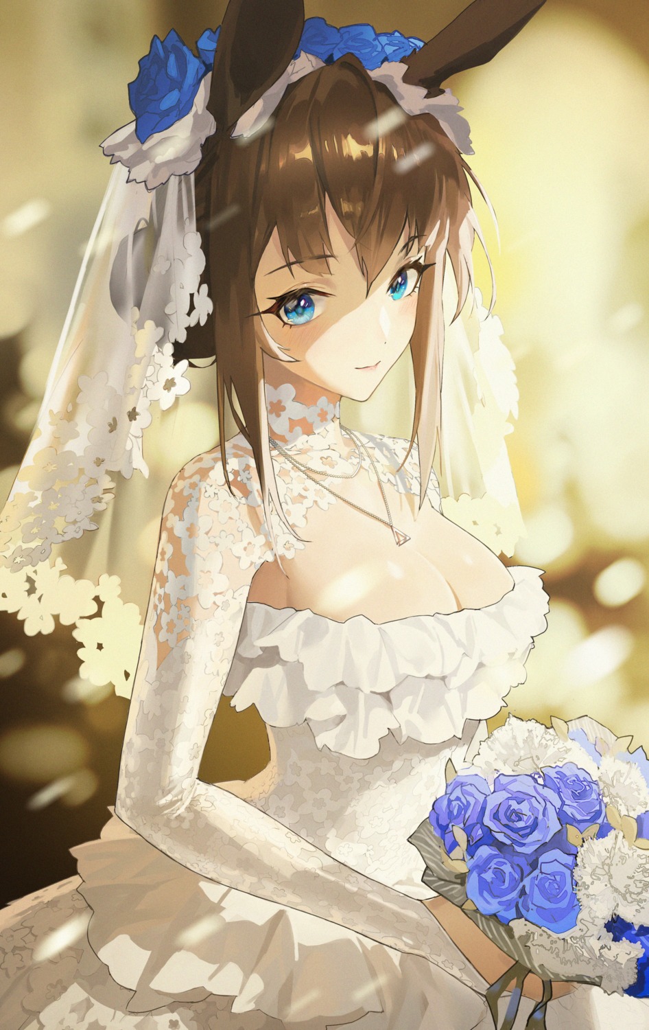 amiya_(arknights) animal_ears arknights bunny_ears dress no_bra ttk_(kirinottk) wedding_dress