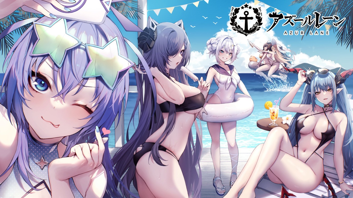 august_von_parseval_(azur_lane) azur_lane bikini danimaru harbin_(azur_lane) horns implacable_(azur_lane) jade_(azur_lane) manjuu_(azur_lane) megane new_jersey_(azur_lane) pointy_ears regensburg_(azur_lane) selfie sling_bikini swimsuits tail wet