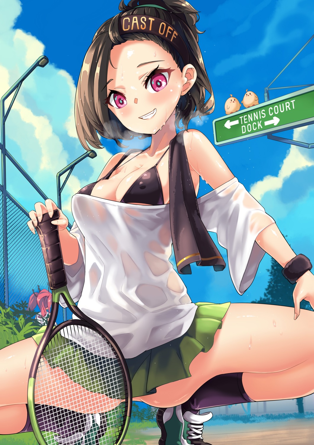 azur_lane bikini_top bremerton_(azur_lane) cooper_(azur_lane) erect_nipples hm_(hmongt) manjuu_(azur_lane) see_through skirt_lift swimsuits tennis wet wet_clothes