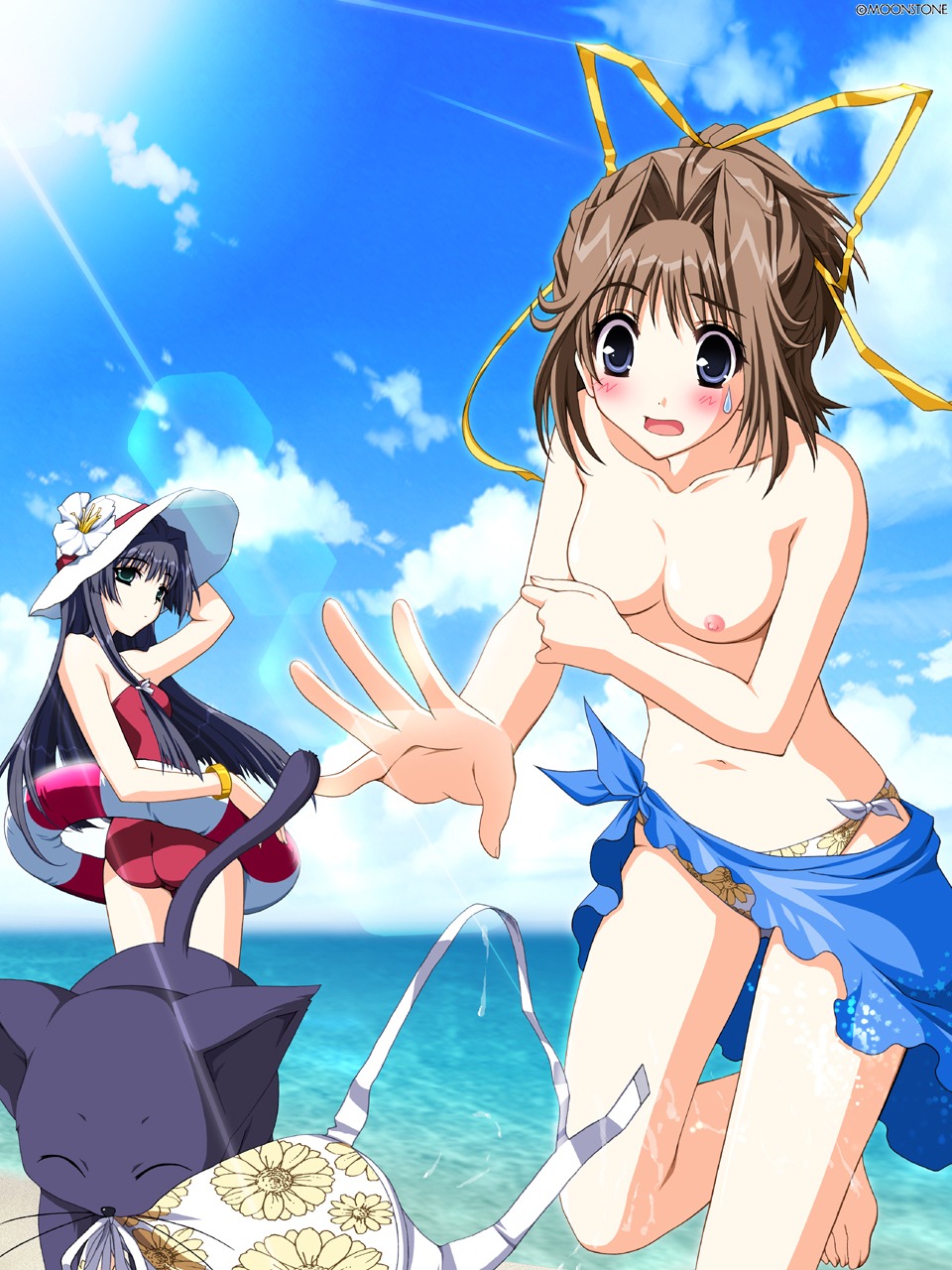 ass bikini breasts doko_e_iku_no_ano_hi kanno_touko kanzaki_chihiro kunimi_ema moonstone neko nipples swimsuits wardrobe_malfunction