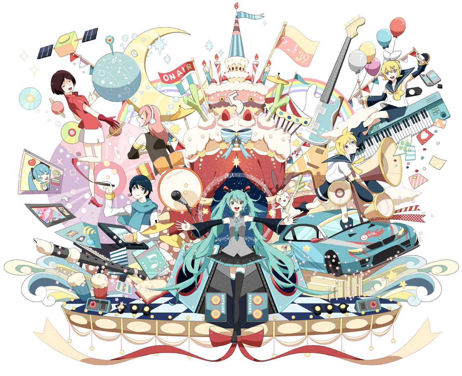 chamooi guitar hatsune_miku headphones kagamine_len kagamine_rin kaito megurine_luka meiko thighhighs vocaloid