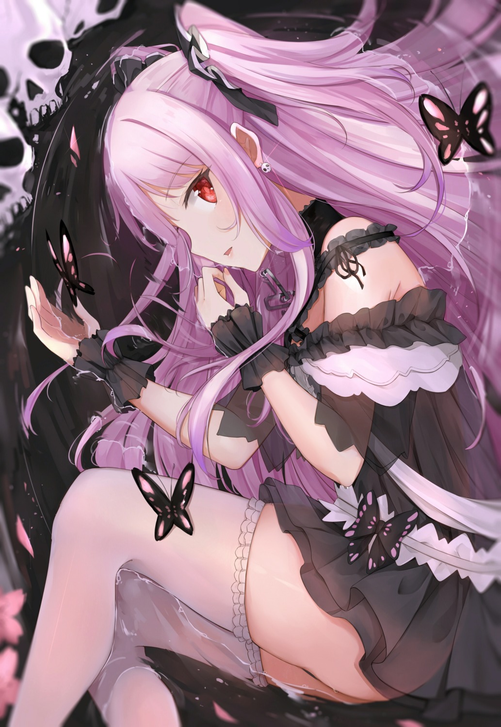 dress gothic_lolita hololive lolita_fashion pantsu see_through skirt_lift thighhighs thong to_naive uruha_rushia wet