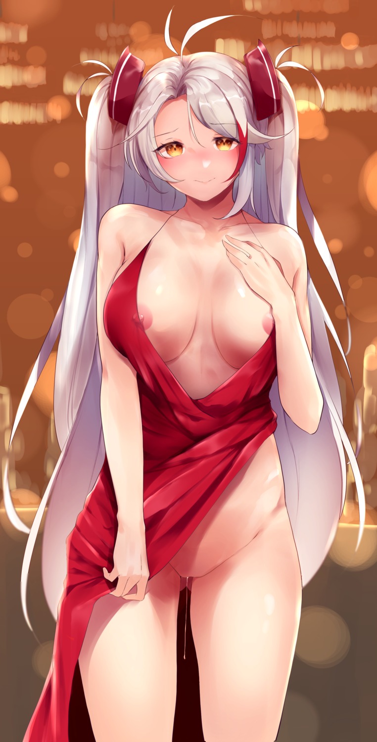 areola azur_lane dress kairi_(miry666) nipple_slip no_bra nopan prinz_eugen_(azur_lane) pussy_juice skirt_lift