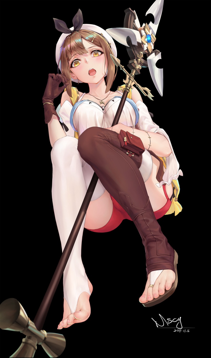 atelier atelier_ryza feet miyama_tsubaki_me reisalin_stout thighhighs weapon