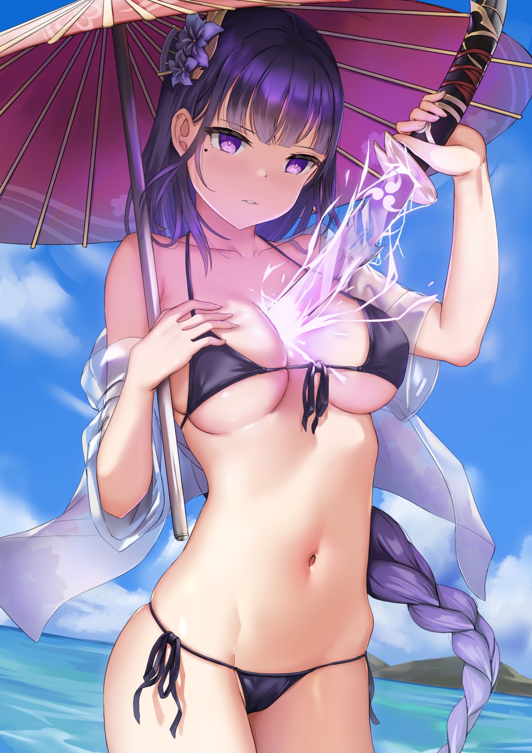 bikini genshin_impact open_shirt raiden_shogun see_through skai_kun swimsuits sword umbrella