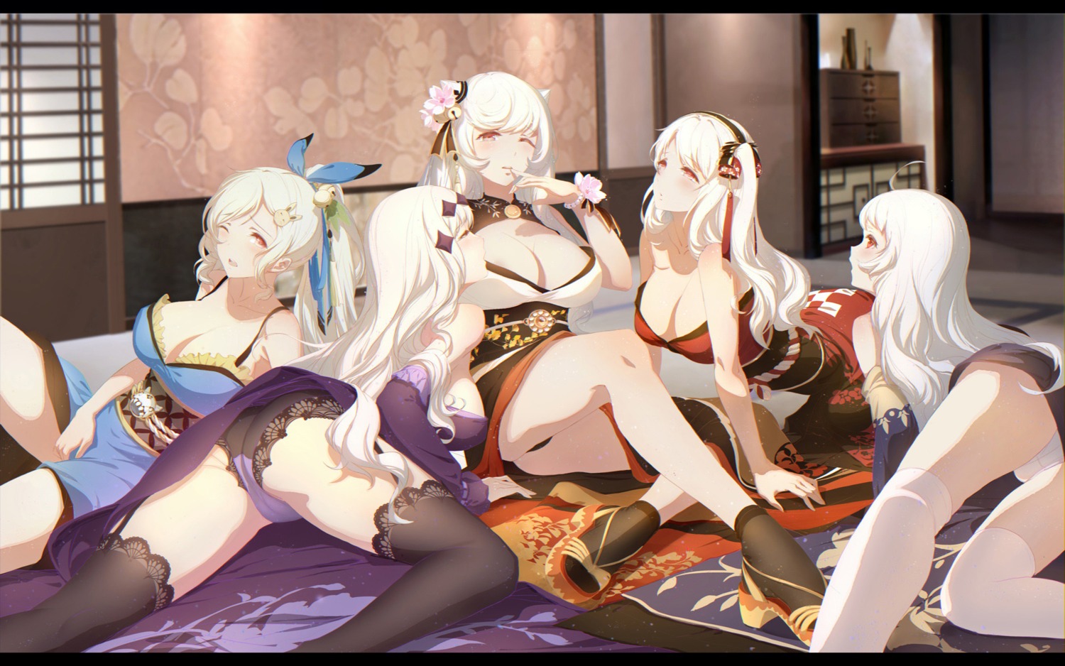 aircraft_carrier_hime aircraft_carrier_water_oni ass cameltoe cleavage heels japanese_clothes kantai_collection midway_hime no_bra open_shirt pantsu stockings thighhighs yijian_ma