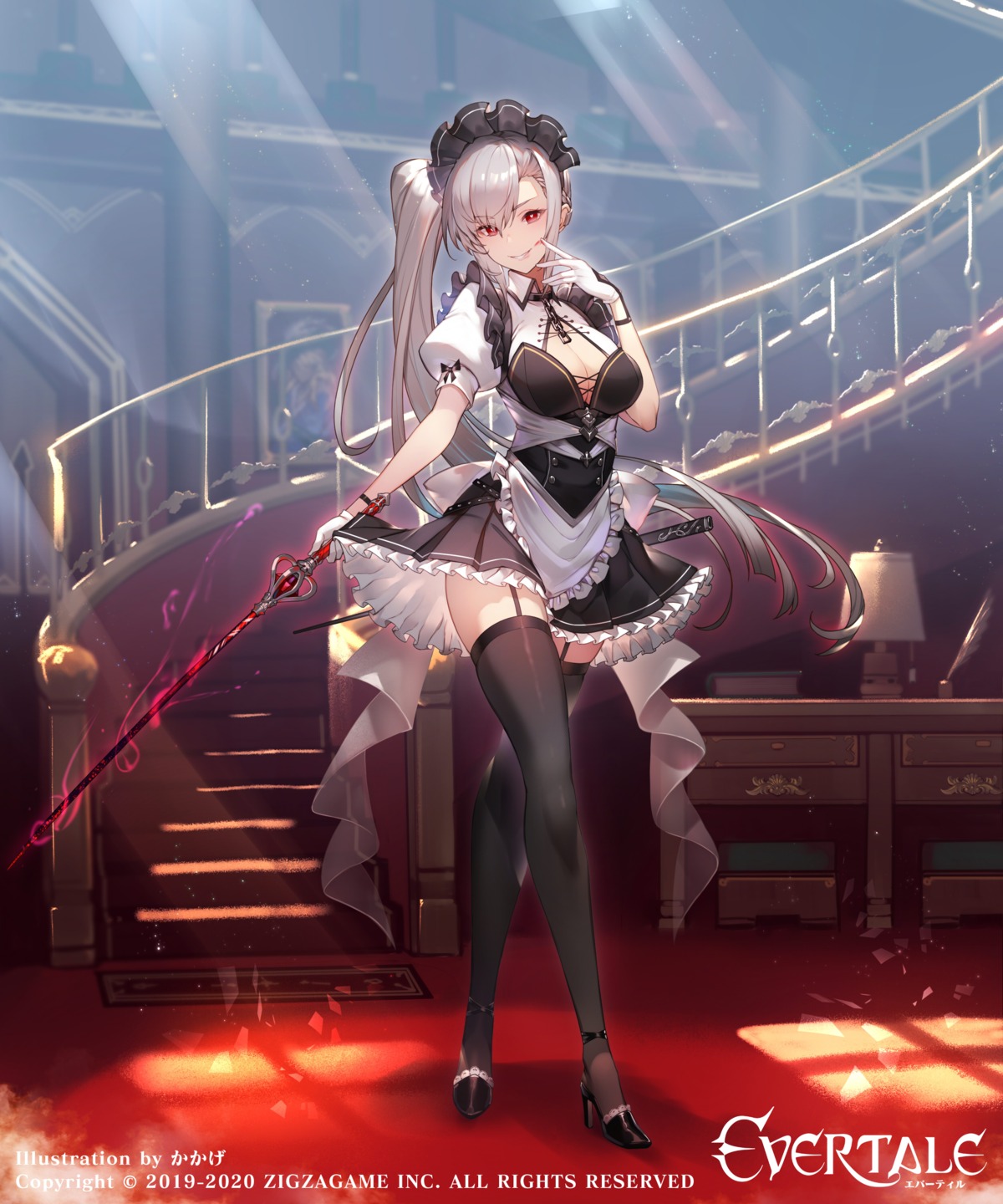 cleavage evertale heels kakage maid skirt_lift stockings sword thighhighs